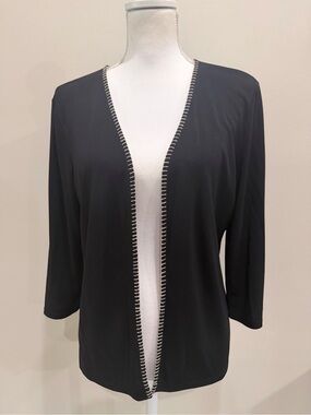 Josephine Chaus Bolero Shrug Women’s Sz L Open Front Black Beige Trim 3/4 Sleeve